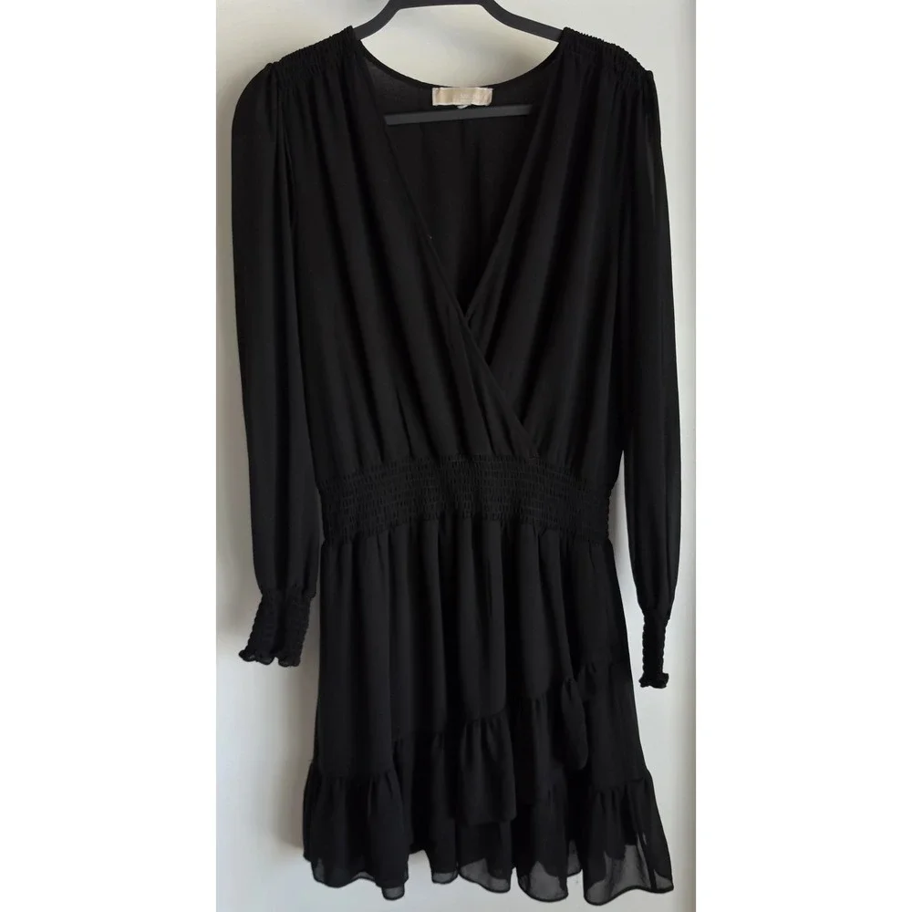 Michael Kors Long Sleeve Mini Dress Black V-Neck Faux Wrap Flowy LBD